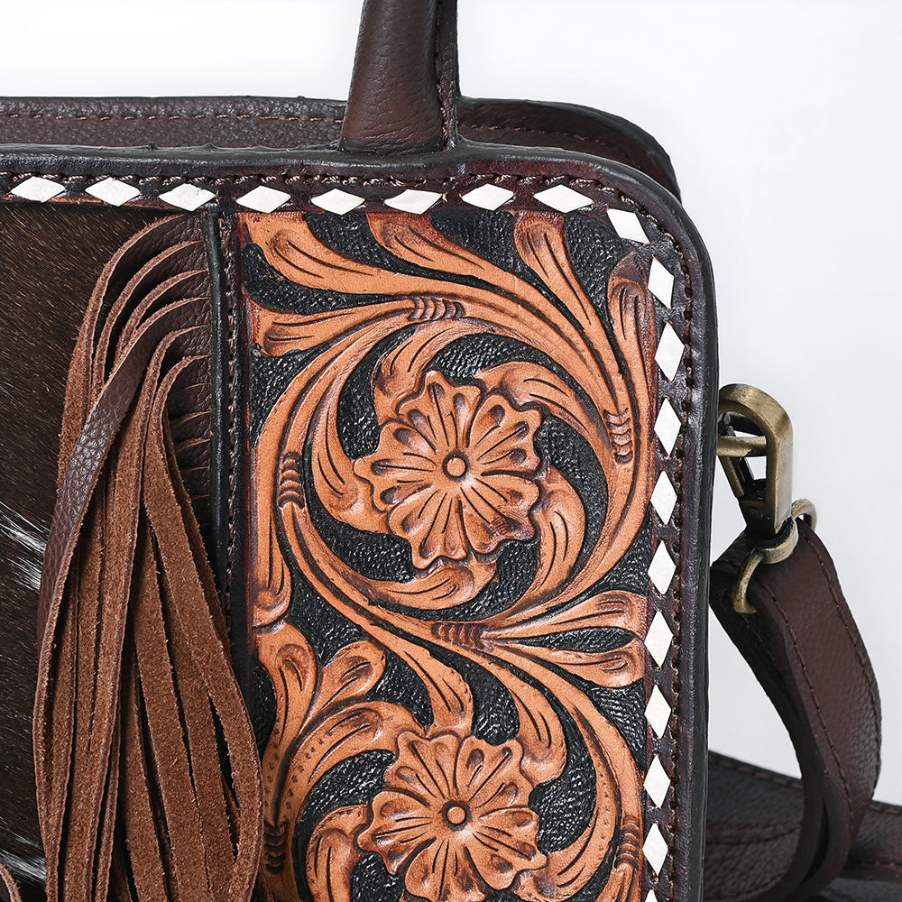 ADBGA621 Square Western Tote with Floral Tooled Leather, Cowhide Inlay & Fringe Detail
