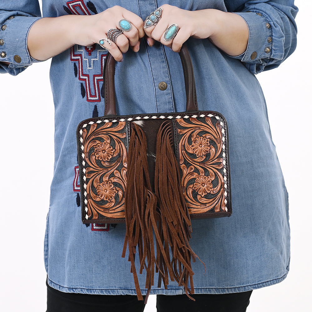 ADBGA621 Square Western Tote with Floral Tooled Leather, Cowhide Inlay & Fringe Detail