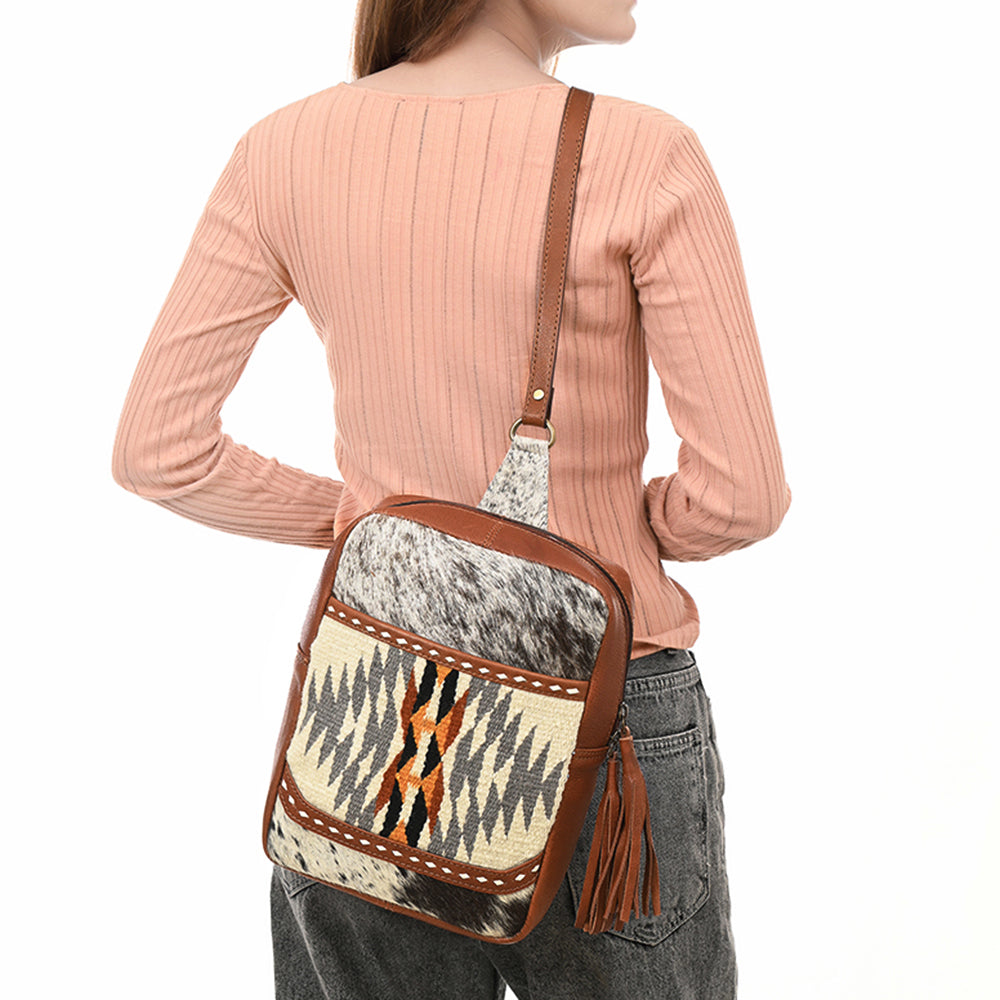 ADBGA623 Southwestern Cowhide Crossbody Backpack with Wool Panel & Leather Trim
