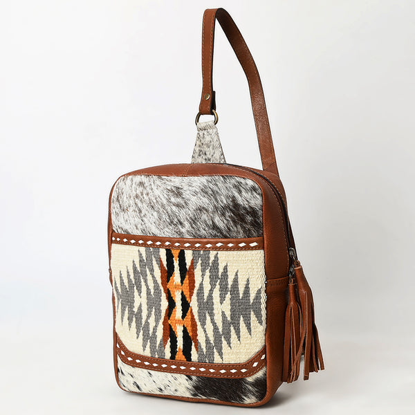 ADBGA623 Southwestern Cowhide Crossbody Backpack with Wool Panel & Leather Trim