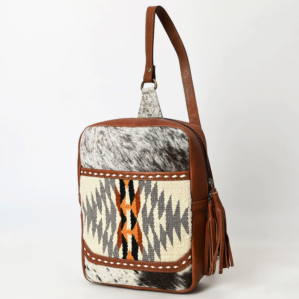 ADBGA623 Southwestern Cowhide Crossbody Backpack with Wool Panel & Leather Trim