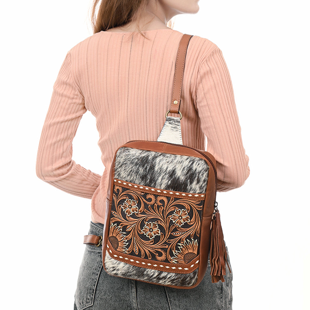 ADBGA624 Cowhide Crossbody Backpack with Sunflower Tooled Leather & Fringe Tassel
