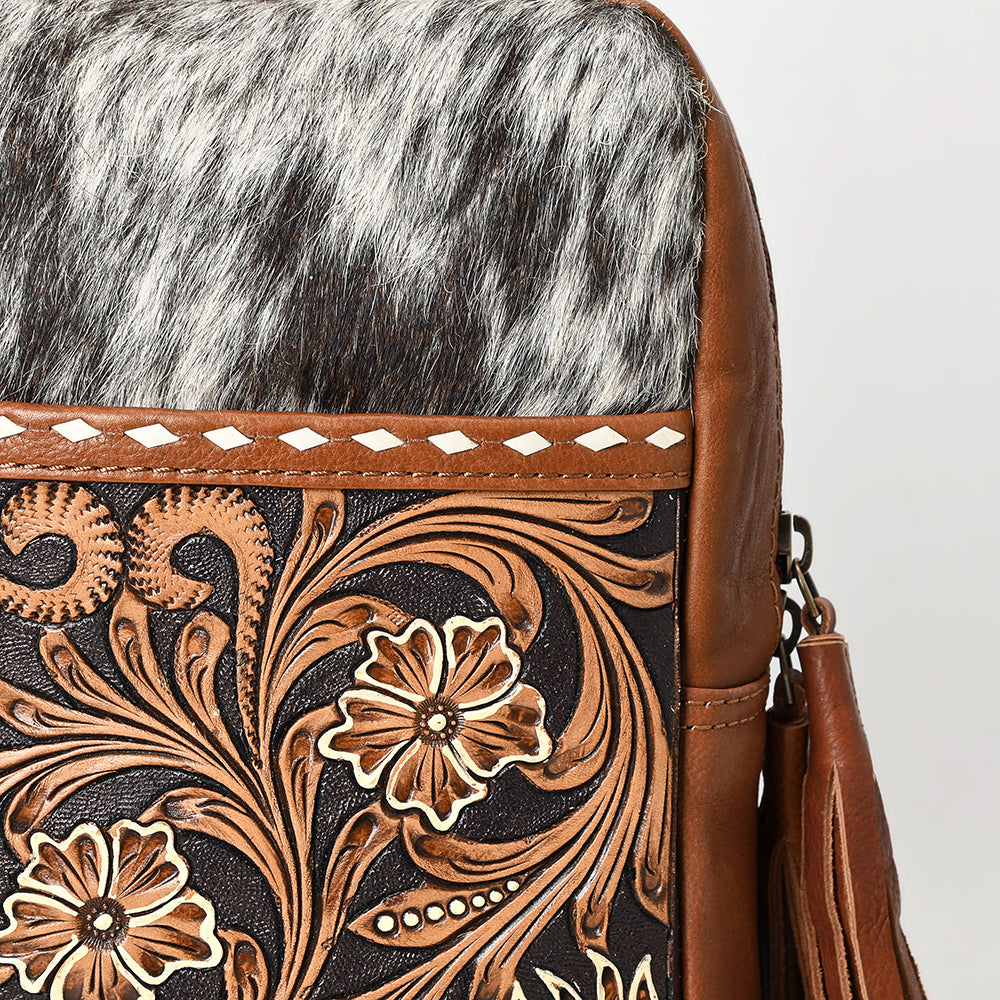 ADBGA624 Cowhide Crossbody Backpack with Sunflower Tooled Leather & Fringe Tassel