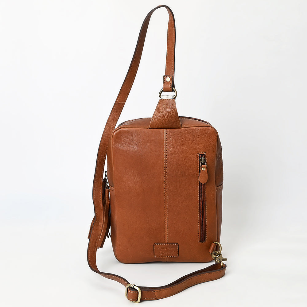 ADBGA624 Cowhide Crossbody Backpack with Sunflower Tooled Leather & Fringe Tassel