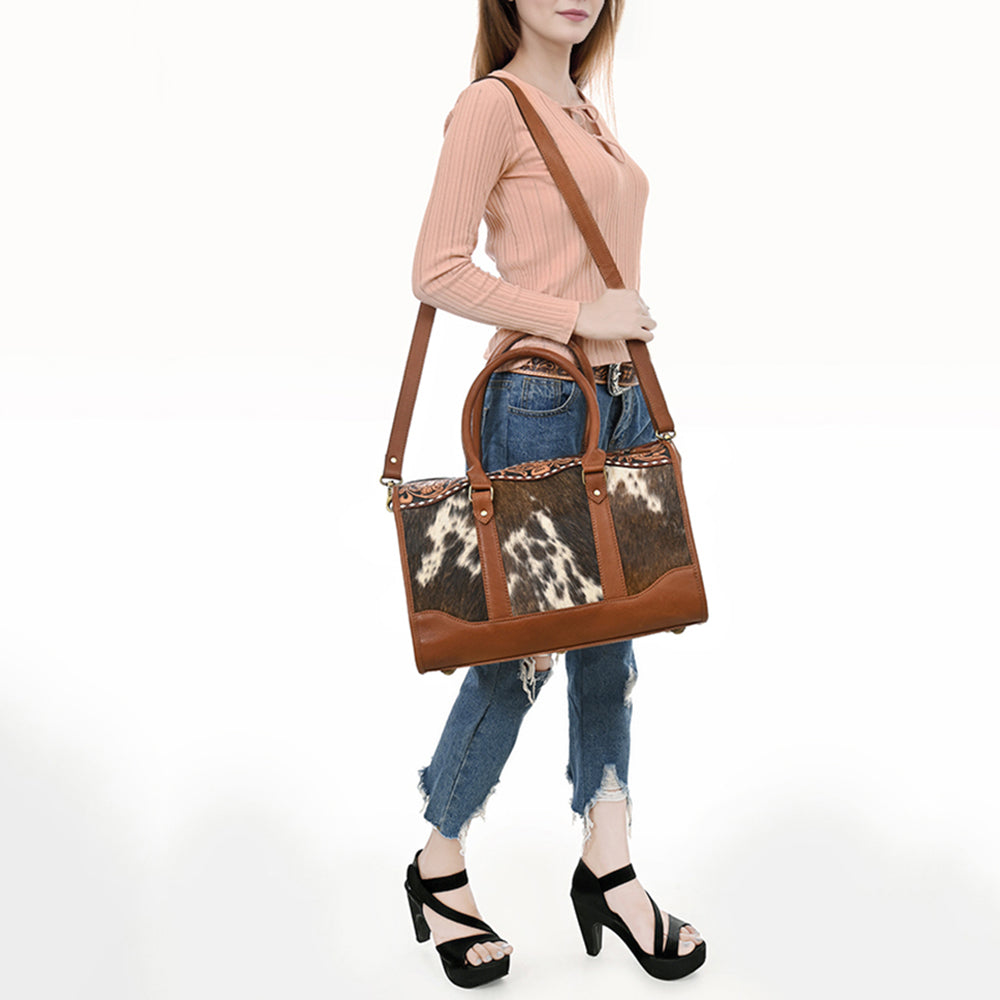 ADBGA625 Cowhide Duffel Satchel with Tooled Leather Floral Yoke & Shoulder Strap