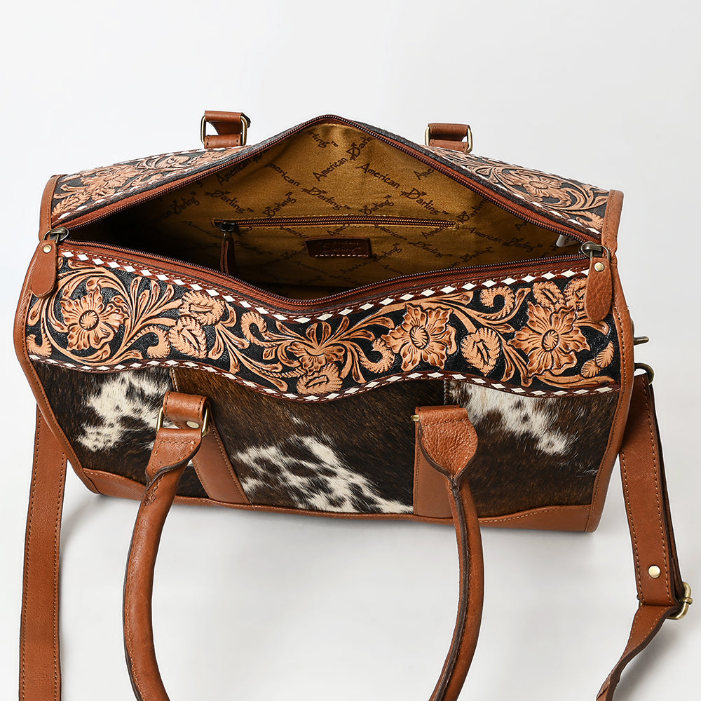 ADBGA625 Cowhide Duffel Satchel with Tooled Leather Floral Yoke & Shoulder Strap