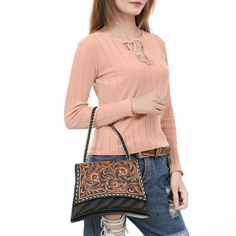 American Darling Western Leather Cross body Bag Hand Tooled Floral Carved Purse