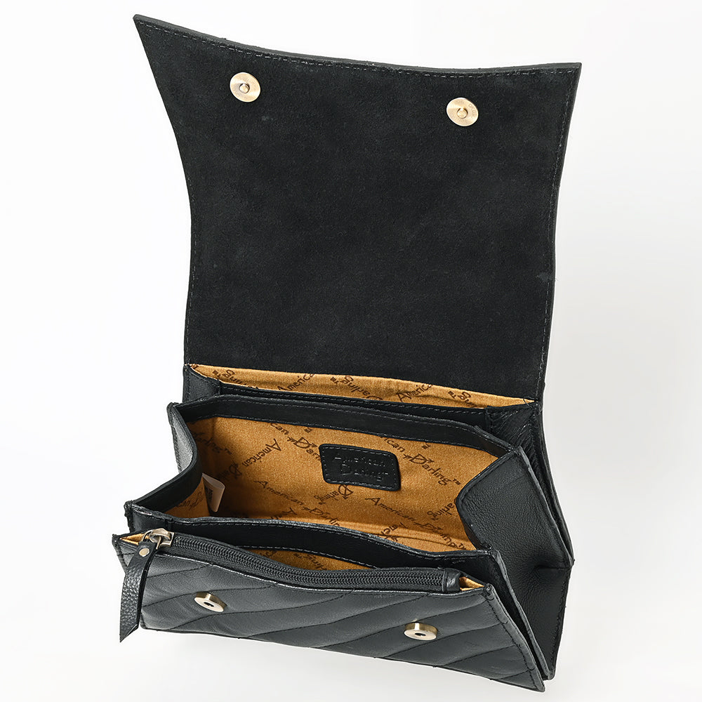 ADBGA536A American Darling Quilted Black Leather Crossbody Bag with Hand Tooled Floral Flap