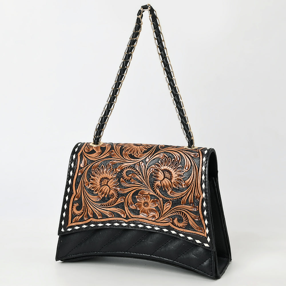 ADBGA536A American Darling Quilted Black Leather Crossbody Bag with Hand Tooled Floral Flap