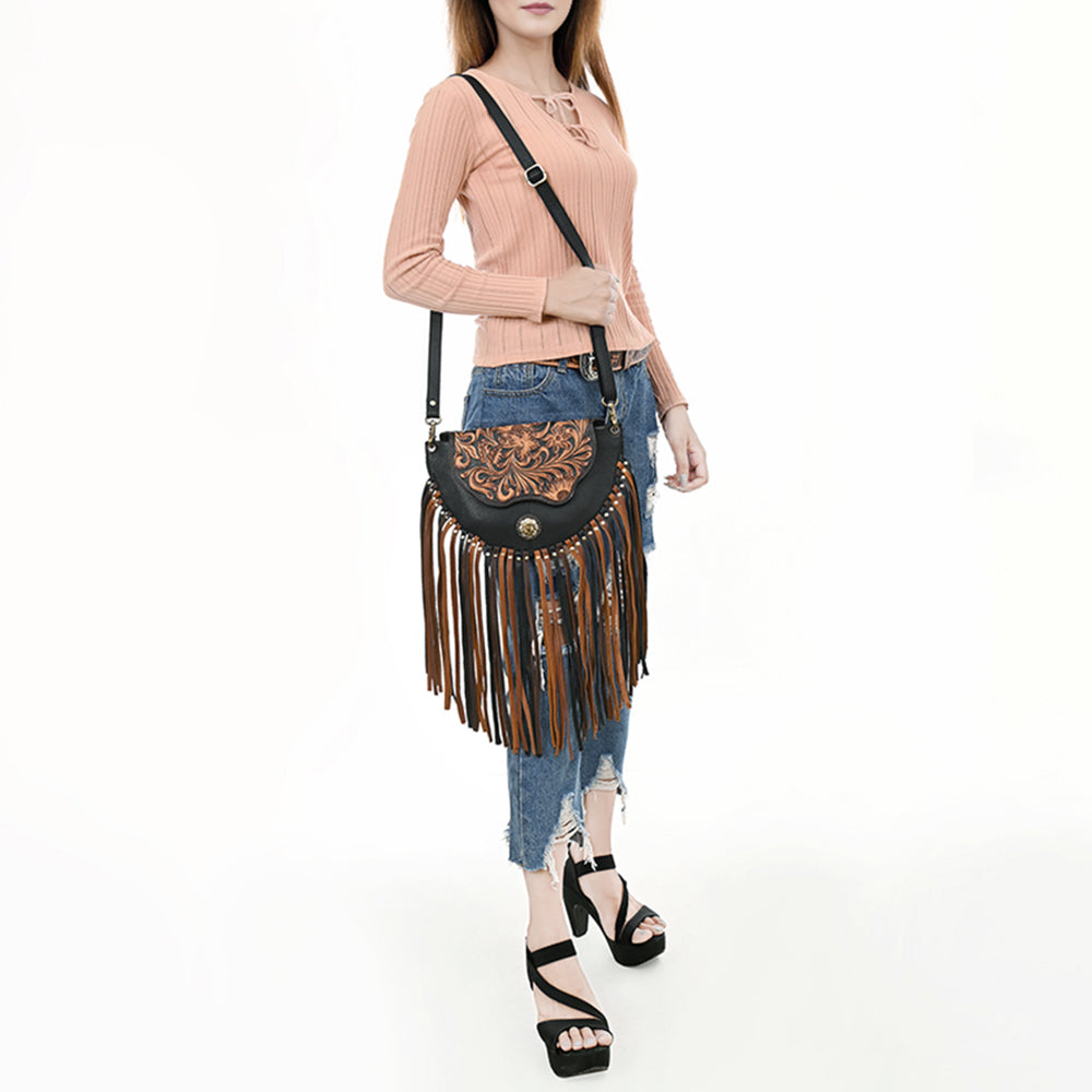 ADBGA540A American Darling Black Leather Tooled Crossbody Bag with Fringe & Concho