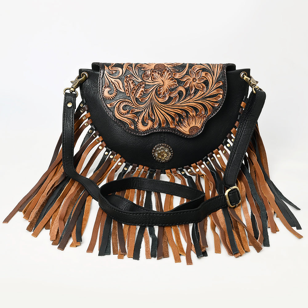 ADBGA540A American Darling Black Leather Tooled Crossbody Bag with Fringe & Concho