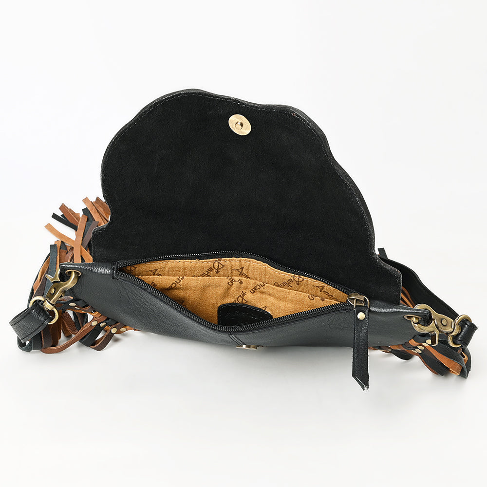 ADBGA540A American Darling Black Leather Tooled Crossbody Bag with Fringe & Concho