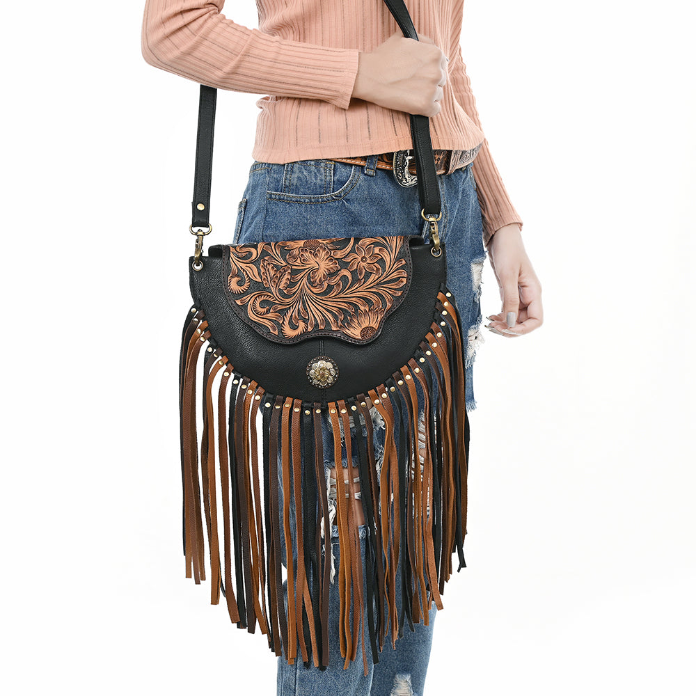 ADBGA540A American Darling Black Leather Tooled Crossbody Bag with Fringe & Concho
