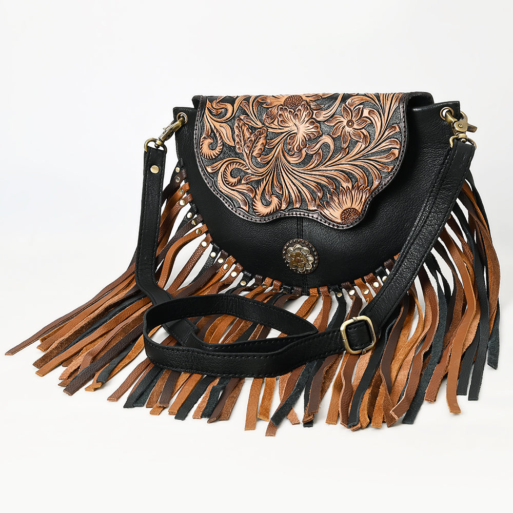 ADBGA540A American Darling Black Leather Tooled Crossbody Bag with Fringe & Concho