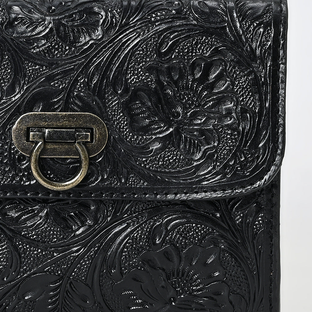 ADBG1560 Black Hand Tooled Floral Leather Chain Shoulder Bag - Western Chic