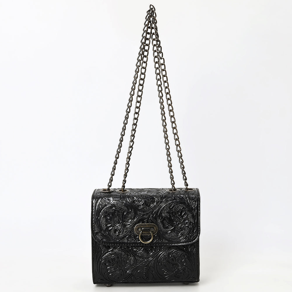 ADBG1560 Black Hand Tooled Floral Leather Chain Shoulder Bag - Western Chic