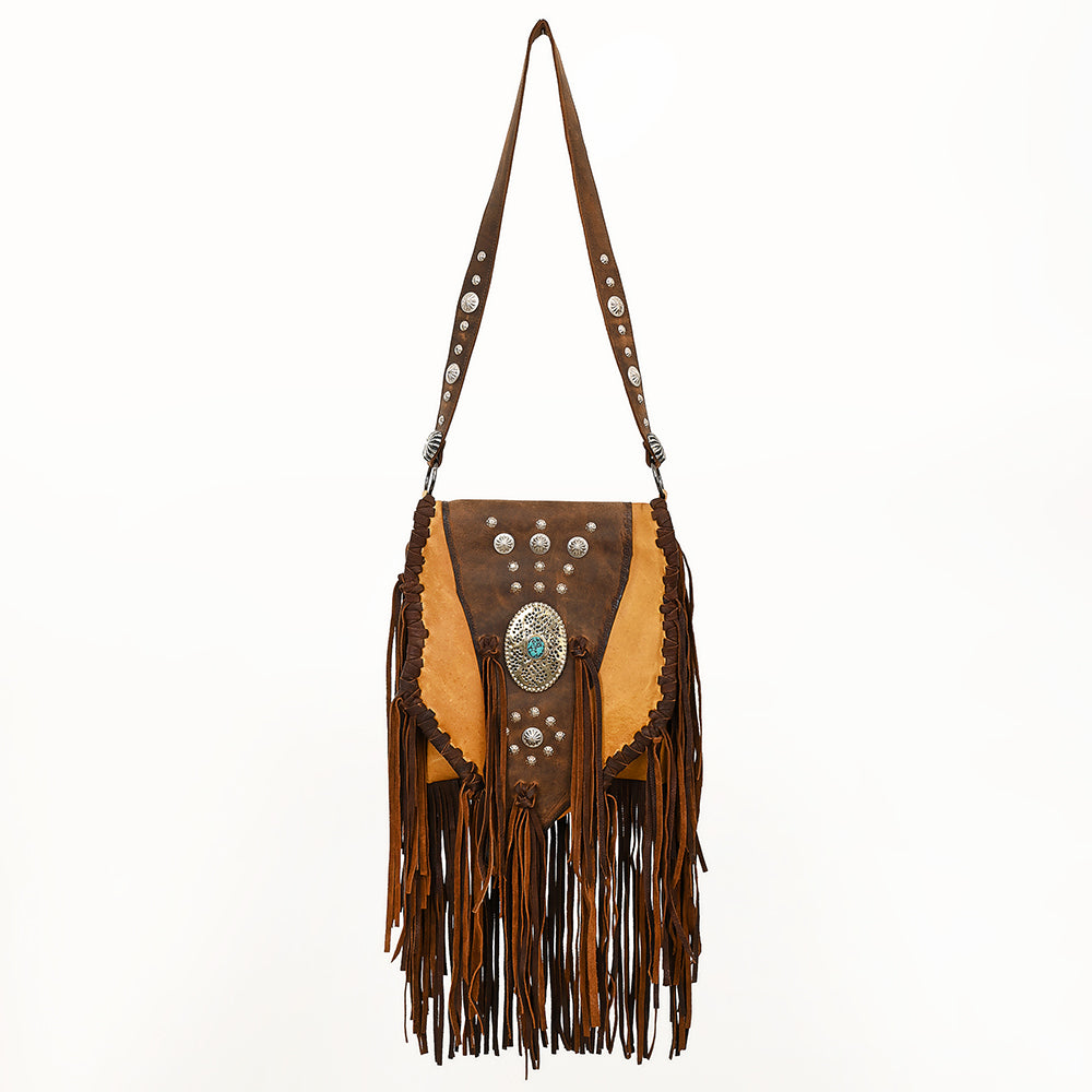 ADBGM468 Western Leather Fringe Messenger Bag - Concho & Turquoise Medallion Design
