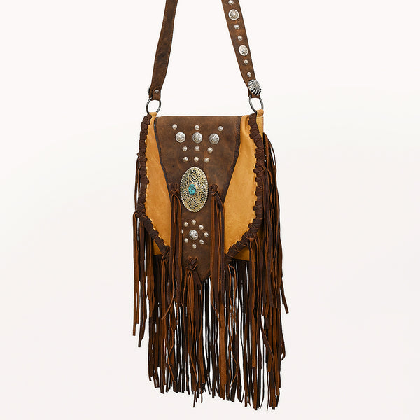 ADBGM468 Western Leather Fringe Crossbody Bag - Concho & Turquoise Medallion Design