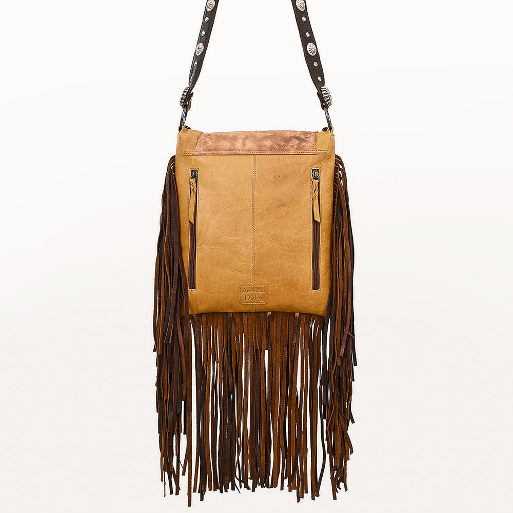 ADBGM469 Western Fringe Leather Crossbody Bag - Scalloped Flap with Conchos & Turquoise Center