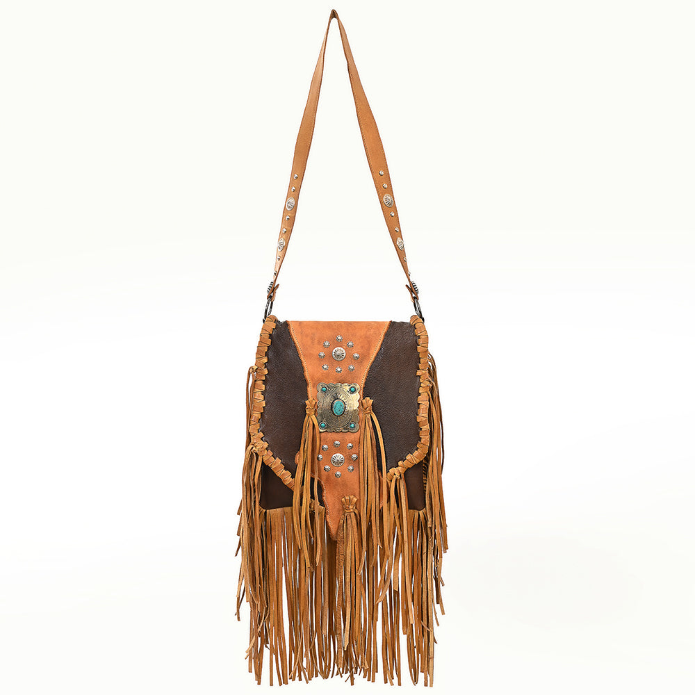ADBGM470 Western Fringe Leather Messenger Bag - Scalloped Flap with Conchos & Turquoise Center
