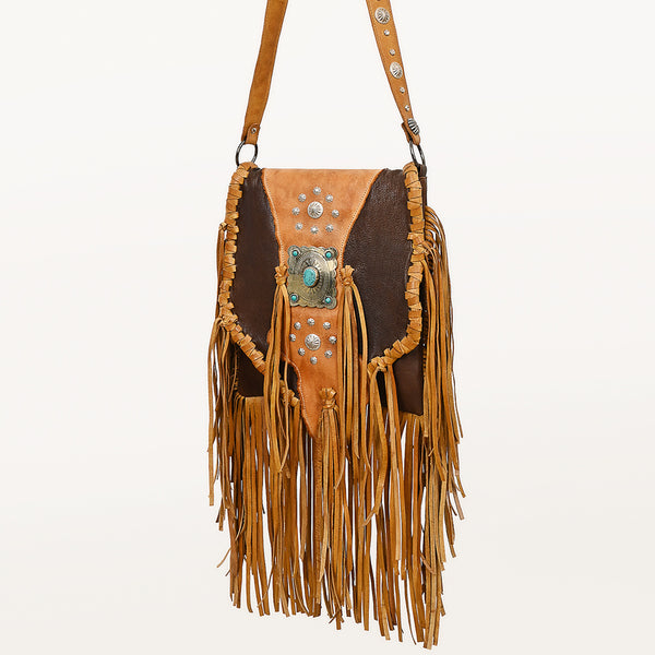 ADBGM470 Western Fringe Leather Crossbody Bag - Scalloped Flap with Conchos & Turquoise Center
