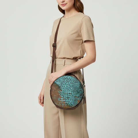 American Darling Western Genuine Leather Canteen Bag | Crocodile Embossed Round Crossbody