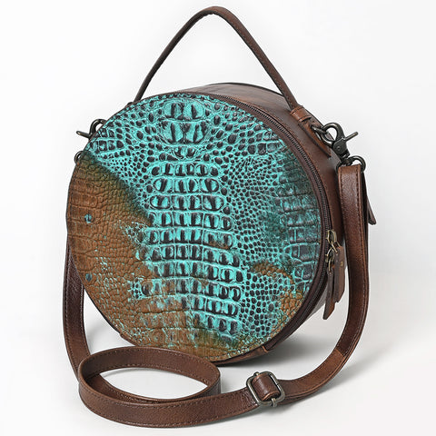 American Darling Western Genuine Leather Canteen Bag | Crocodile Embossed Round Crossbody