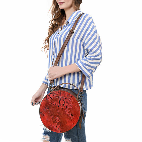 American Darling Western Genuine Leather Canteen Bag | Crocodile Embossed Round Crossbody