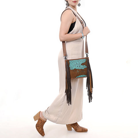 American Darling Western Leather Crossbody Bag with Fringe & Croc Embossed Detailing