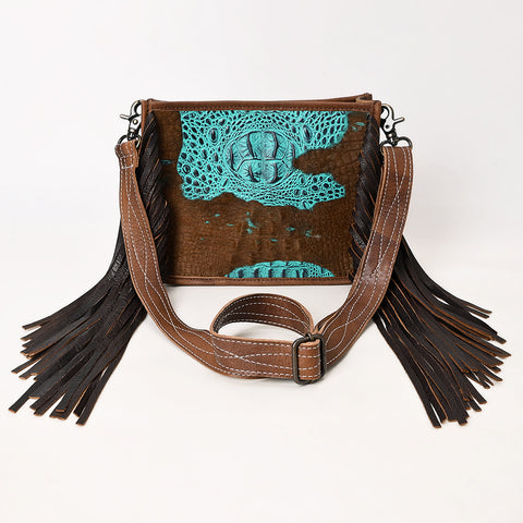 American Darling Western Leather Crossbody Bag with Fringe & Croc Embossed Detailing