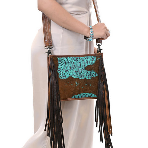 American Darling Western Leather Crossbody Bag with Fringe & Croc Embossed Detailing
