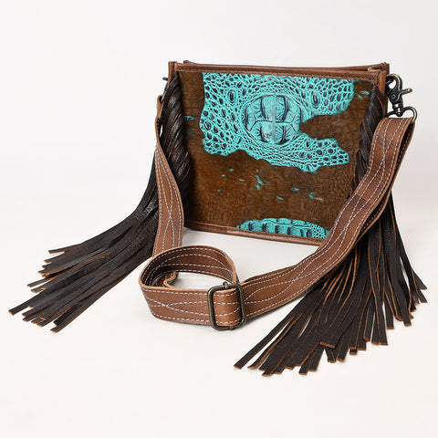 American Darling Western Leather Crossbody Bag with Fringe & Croc Embossed Detailing