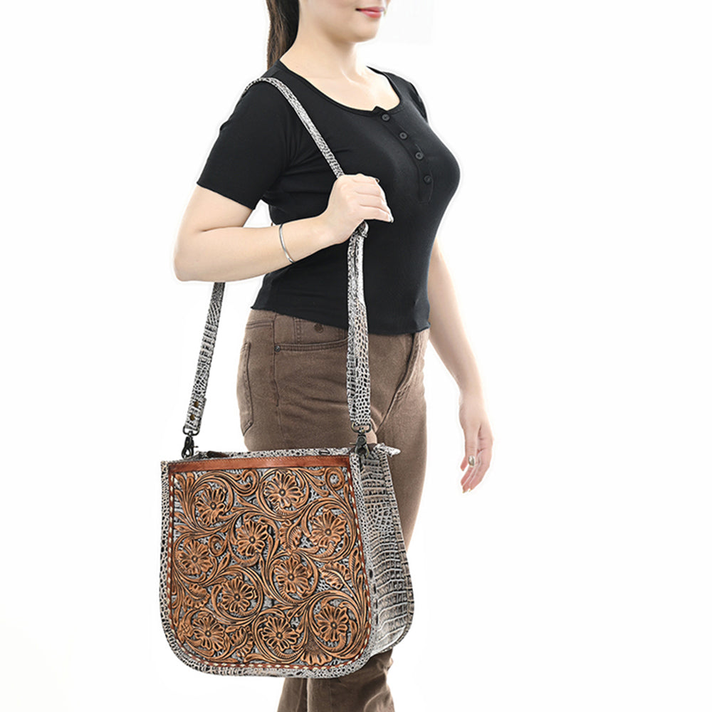 ADBG1566 Hand-Tooled Floral Leather Crossbody - Western Saddle Tan & White Croc Accent