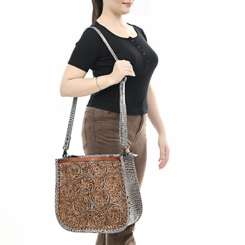 American Darling Western Leather Crossbody Bag with Hand Tooled Floral Carving