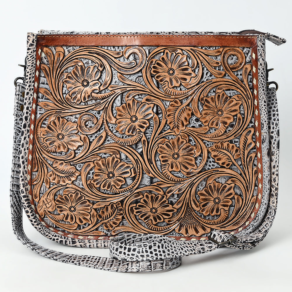 ADBG1566 Hand-Tooled Floral Leather Crossbody - Western Saddle Tan & White Croc Accent