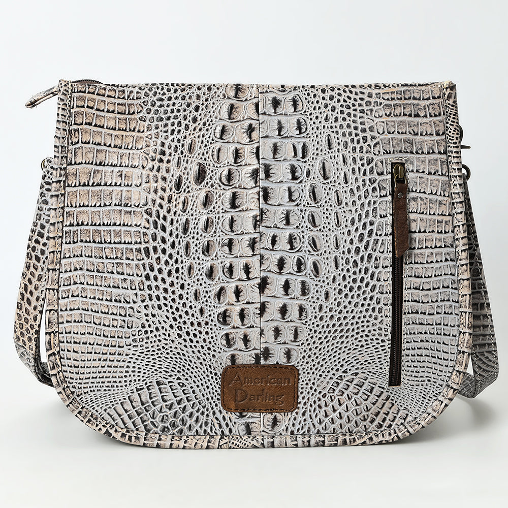 ADBG1566 Hand-Tooled Floral Leather Crossbody - Western Saddle Tan & White Croc Accent
