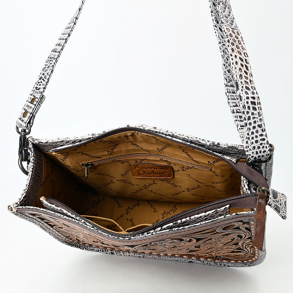 ADBG1566 Hand-Tooled Floral Leather Crossbody - Western Saddle Tan & White Croc Accent