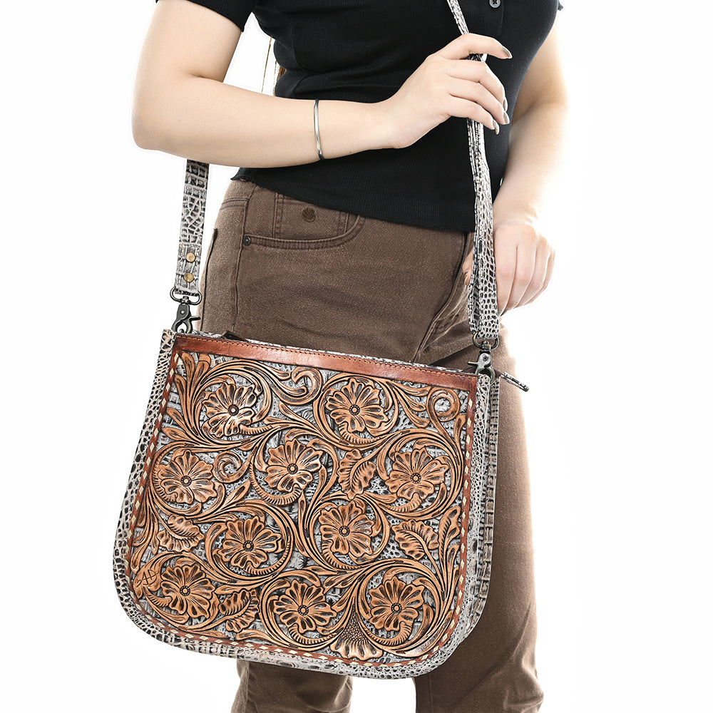 ADBG1566 Hand-Tooled Floral Leather Crossbody - Western Saddle Tan & White Croc Accent