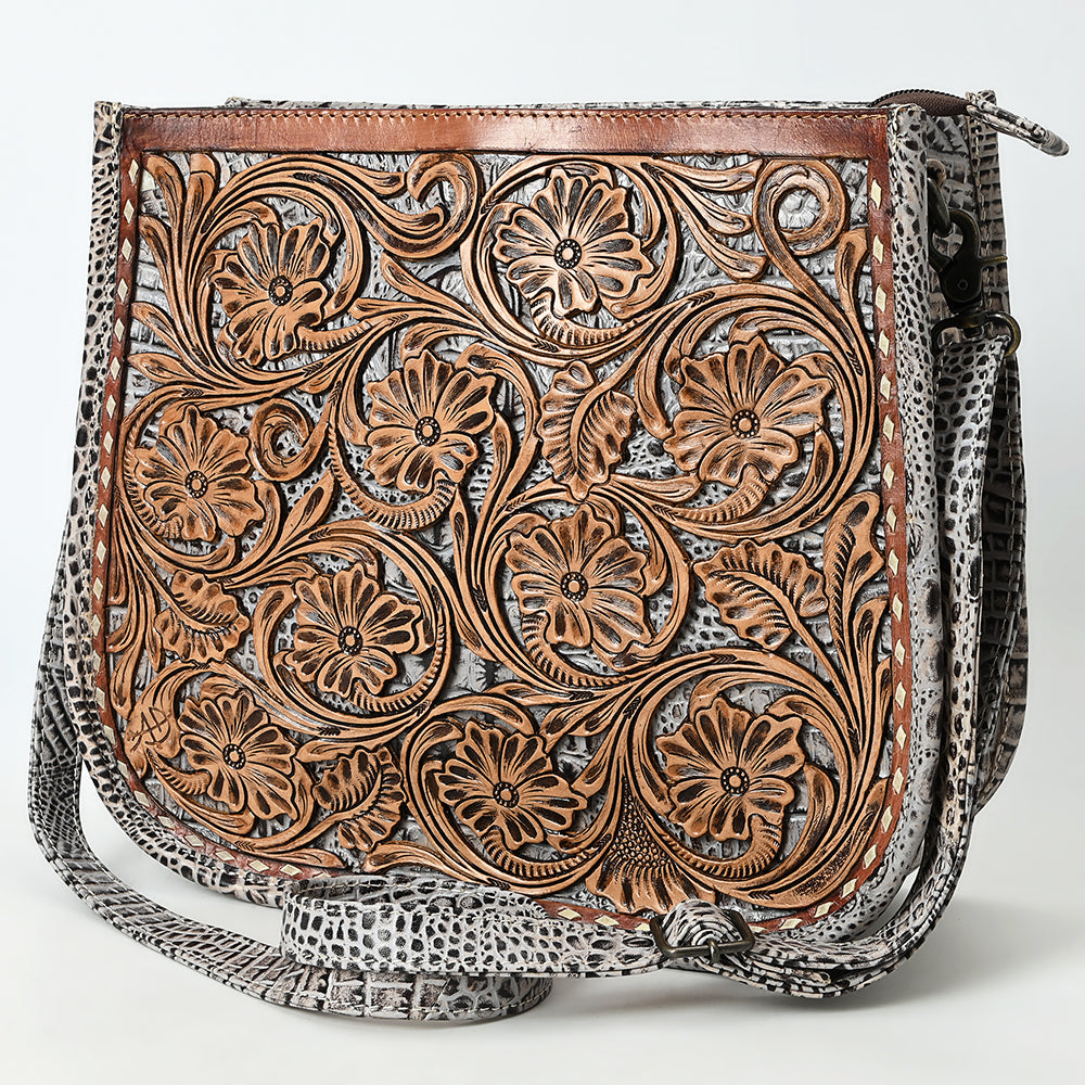ADBG1566 Hand-Tooled Floral Leather Crossbody - Western Saddle Tan & White Croc Accent