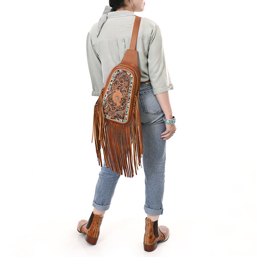 ADBG1568A Hand-Tooled Leather Fringe Sling Bag - Western Floral & Turquoise Inlay