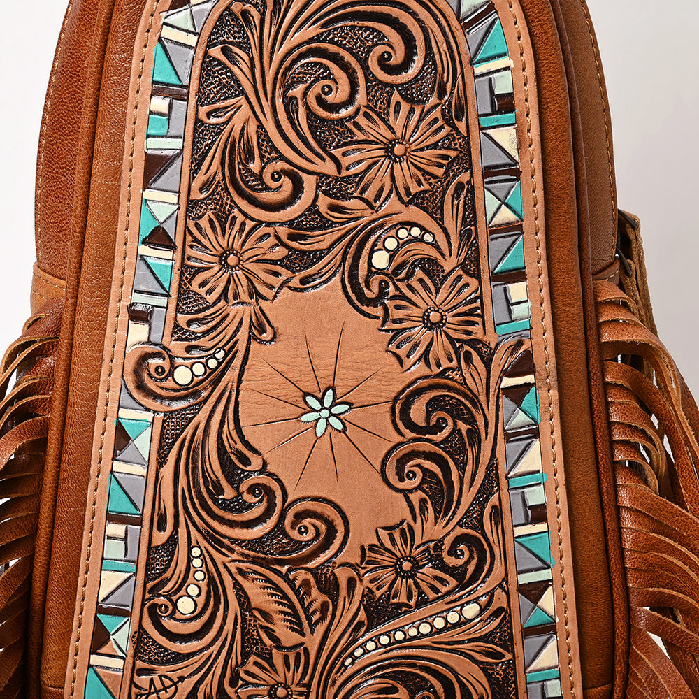 ADBG1568A Hand-Tooled Leather Fringe Sling Bag - Western Floral & Turquoise Inlay