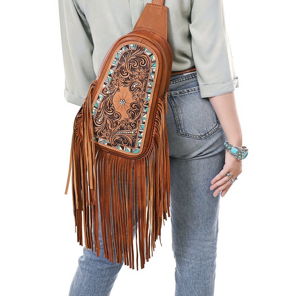 ADBG1568A Hand-Tooled Leather Fringe Sling Bag - Western Floral & Turquoise Inlay