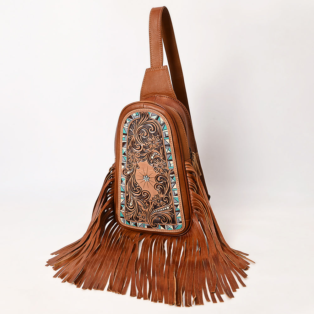 ADBG1568A Hand-Tooled Leather Fringe Sling Bag - Western Floral & Turquoise Inlay