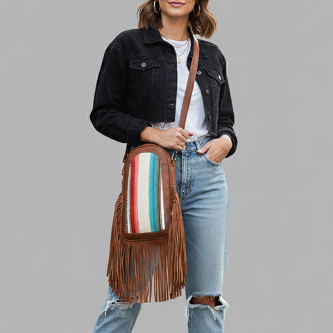 American Darling Western Leather Sling Bag with Fringe and Hand Woven Saddle Blanket