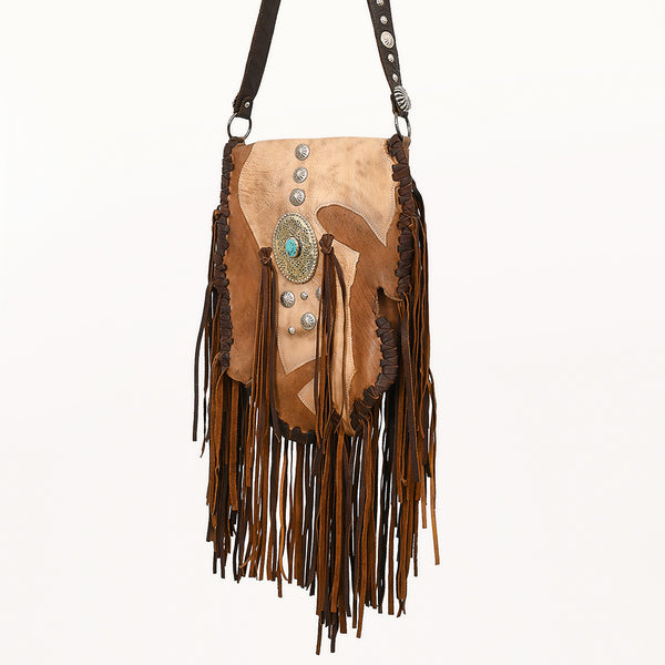 ADBGM471 Western Fringe Leather Crossbody - Sculpted Flap with Turquoise Medallion & Concho Accents