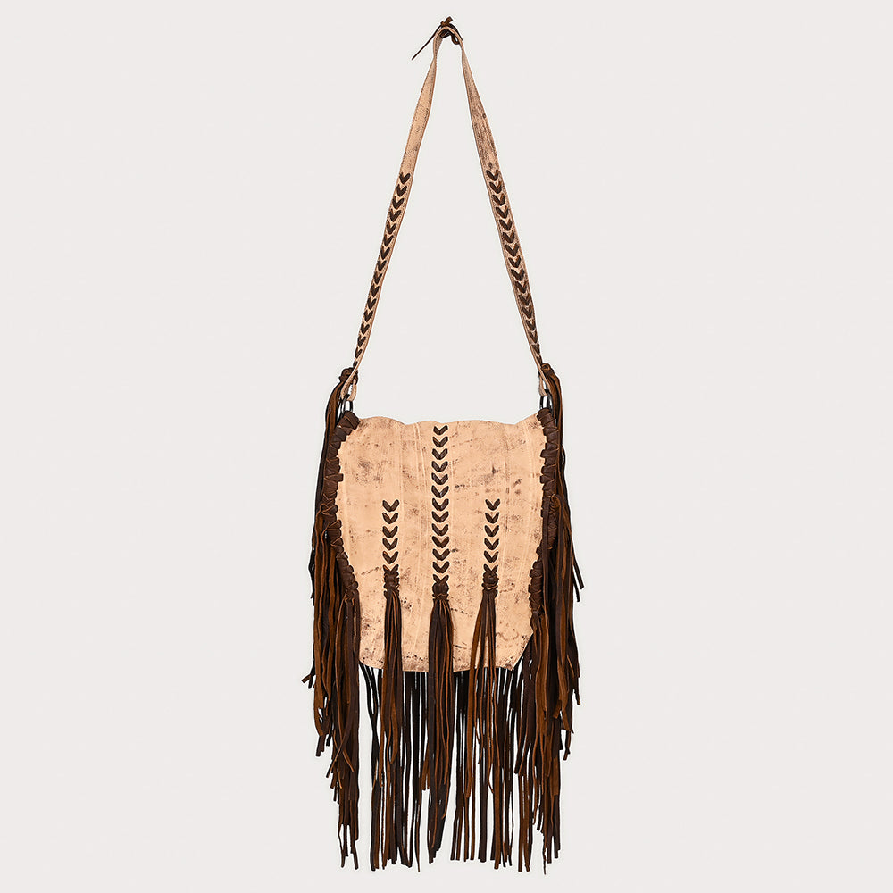 ADBGM472 Western Boho Leather Fringe Messenger Bag - Distressed Flap with Hand-Laced Detailing