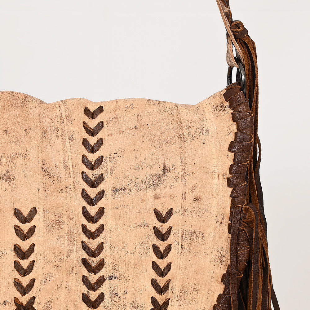 ADBGM472 Western Boho Leather Fringe Messenger Bag - Distressed Flap with Hand-Laced Detailing