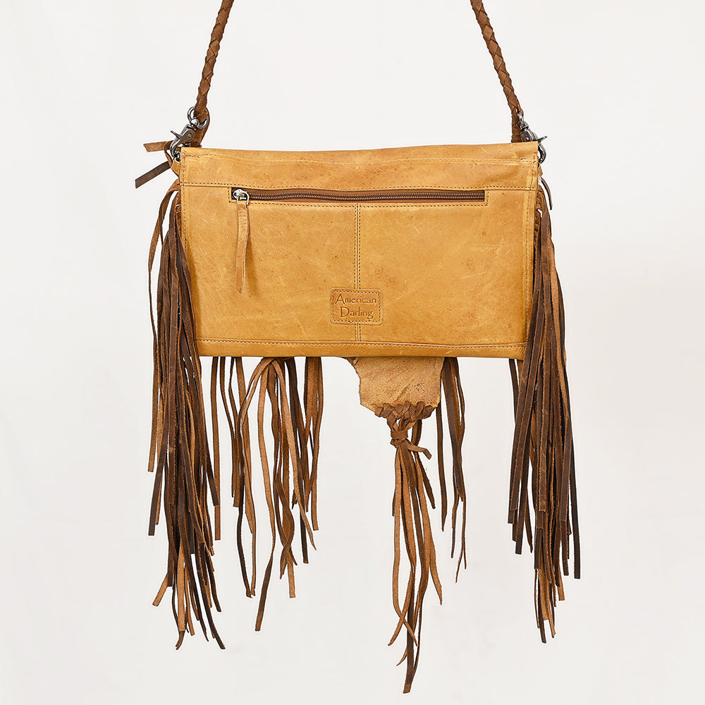 ADBGM474 Western Fringe Leather Wallet Bag - Rawhide Style with Turquoise Concho & Braided Strap