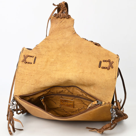 ADBGM474 Western Fringe Leather Crossbody Bag - Rawhide Style with Turquoise Concho & Braided Strap