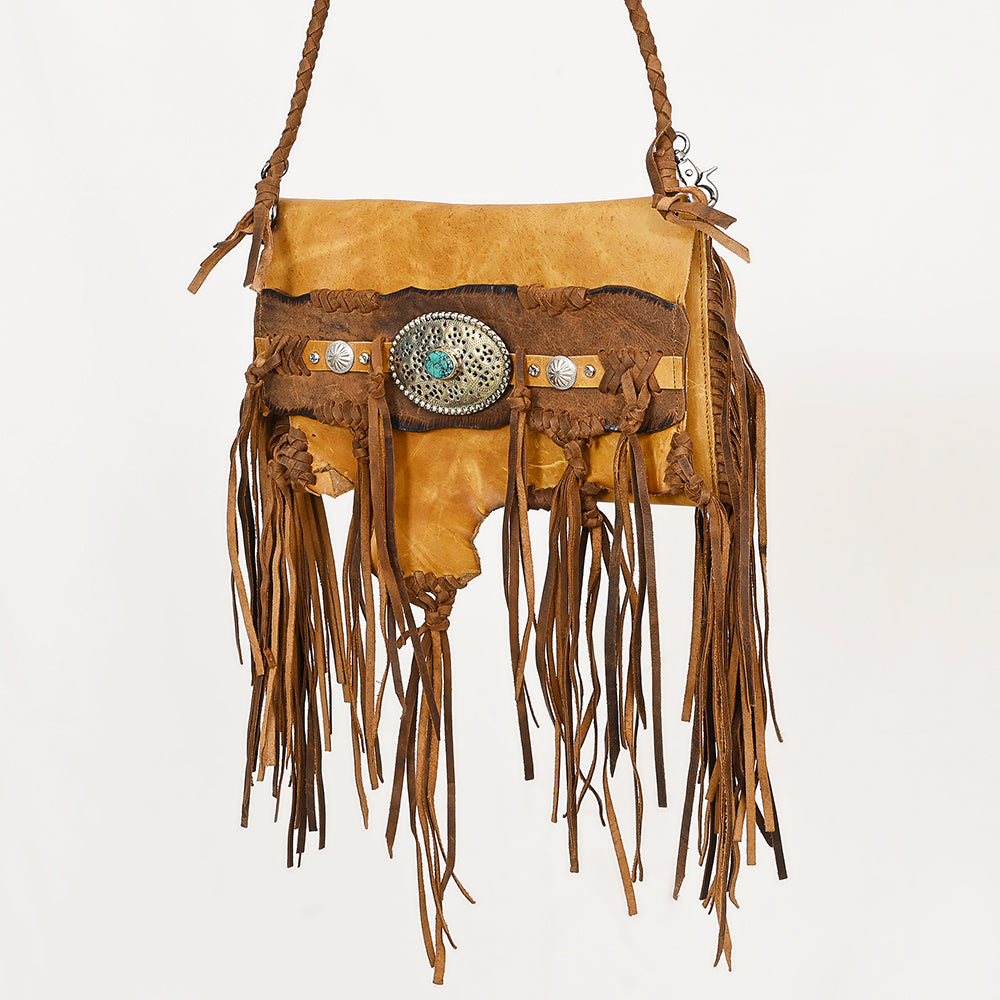 ADBGM474 Western Fringe Leather Wallet Bag - Rawhide Style with Turquoise Concho & Braided Strap